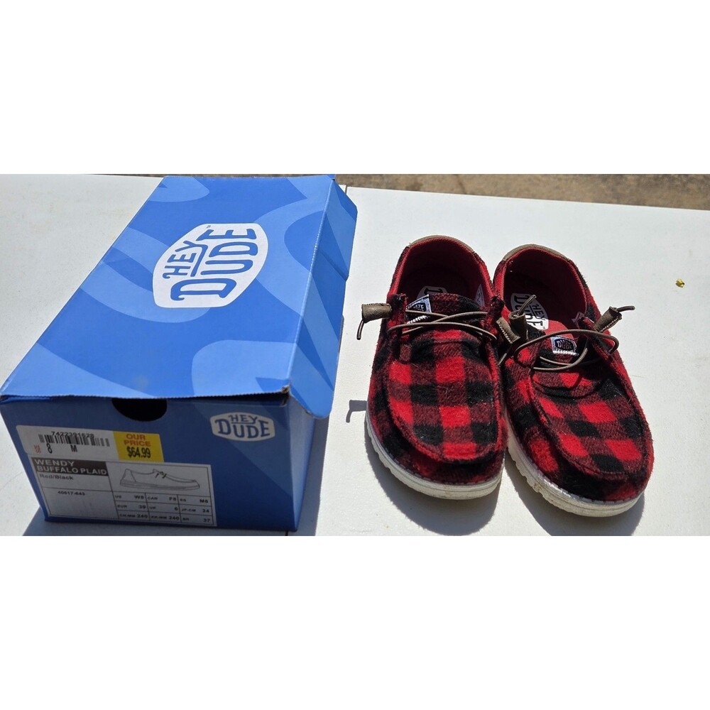 Hey Dude Wendy Buffalo Plaid Loafers Red Black Slip On Shoes With Box Size W8